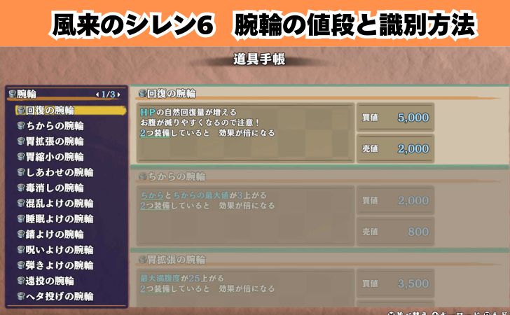 風来のシレン6 腕輪の値段と識別方法